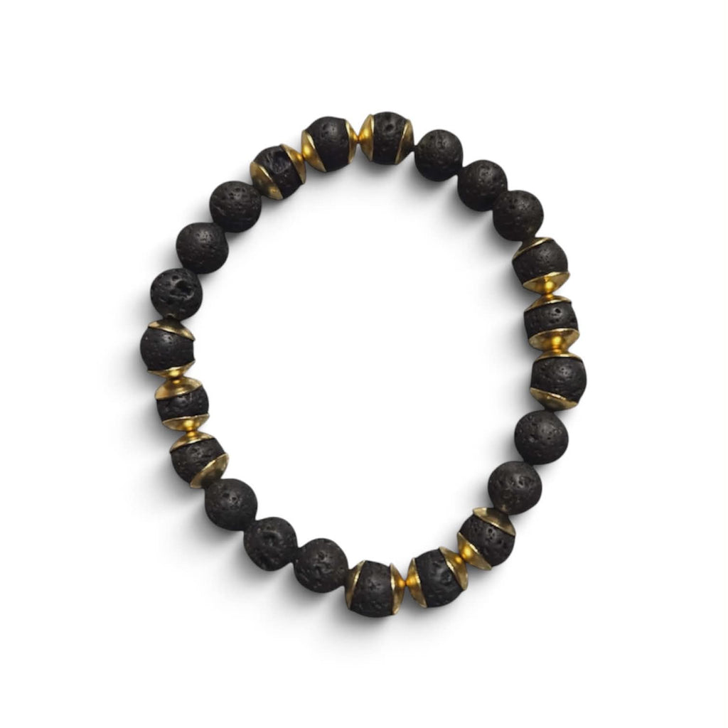 The Regent men’s bracelet with 8mm black lava stone beads and 18kt gold-plated stainless steel accents on a white background.