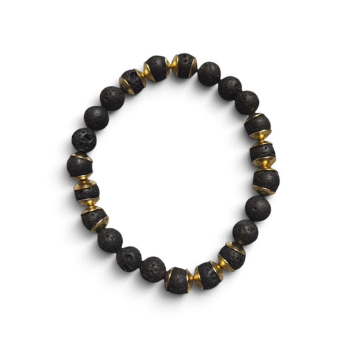 The Regent men’s bracelet with 8mm black lava stone beads and 18kt gold-plated stainless steel accents on a white background.