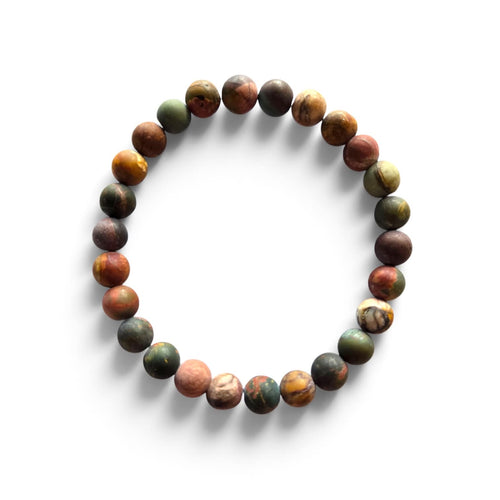 The Artisan men’s bracelet with 8mm Picasso Jasper gemstone beads in olive, rust, slate, and neutral tones on a white background.
