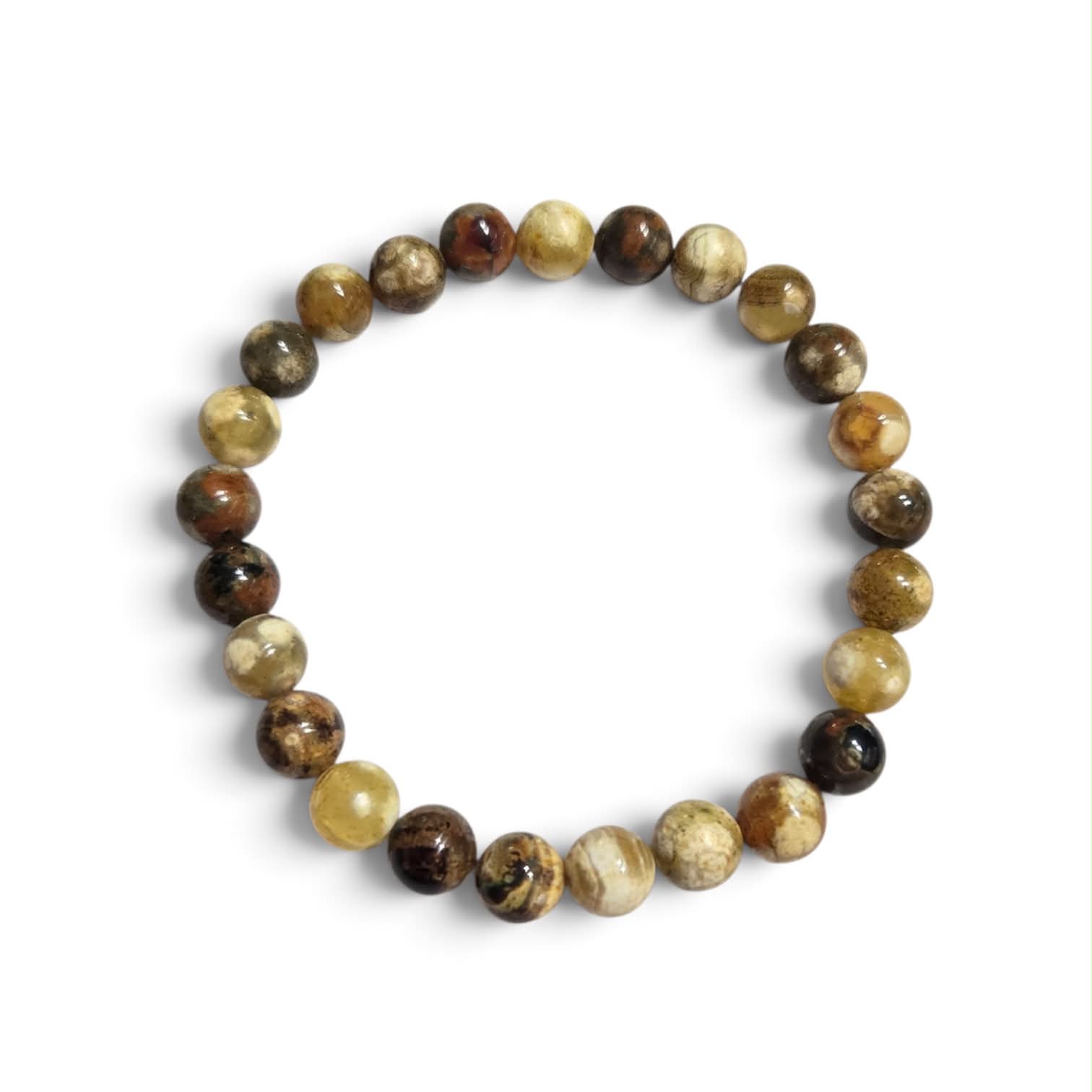 The Executive men’s bracelet with 8mm Fire Crackle Agate gemstone beads in deep brown, amber, and smoky tones on a white background.